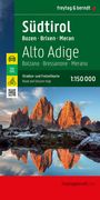 "Südtirol, Bozen, Brixen, Meran, Auto- und Radkarte, 1:150 000." Im Hintergrund die Dolomiten in der Abendsonne.
