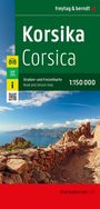 "Korsika Corsica" steht oben auf grünem Hintergrund, darunter Wettertext. Foto von Küste mit Bergen und klarem Himmel.