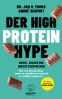 Buchtitel: "Der High Protein Hype". Grüner Hintergrund mit Abbildungen von Schokoriegeln. Autorennamen oben.