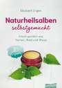 Text: "Elisabeth Engler, Naturheilsalben selbstgemacht, Frisch gerührt aus Garten, Wald und Wiese, 85 Rezepte." Ein Glas mit Salbe und Blätter.