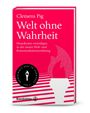 „Welt ohne Wahrheit“ von Clemens Pig. Roter Hintergrund, stilisierte Fackel, Binärcode-Muster.