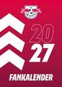 "RB Leipzig" Logo oben, darunter groß "2027" und "FANKALENDER", weiße Pfeile links, Hintergrund rot.