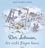 Titel: "Der Schwan, der nicht fliegen kann". Illustration: Ein Schwan auf einem Floß mit einem freundlichen Ausdruck.
