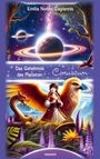 Eine Illustration: "Emilia Noëmi Gagiannis", "Das Geheimnis des Planeten Coruscum", ein Mädchen mit Flügeln, Drache, riesiger Vogel.