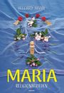 Text: "Helgard Jamal", "Maria", "Religionsfrieden". Buntes Blumen-Arrangement auf blauem Tuch, mit Figuren und Perlenkette.
