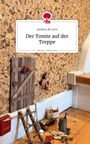 "Der Tomte auf der Treppe" von Jardena de Leve steht auf einem Schild. Miniaturtür mit Deko, Postkasten und Stehleiter daneben.