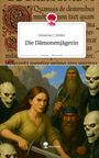 „Die Dämonenjägerin“ von Sebastian J. Müller. Eine Frau mit Schwert und ein bärtiger Mann mit Axt neben drei Skeletten.