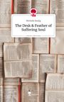 "Michelle Baulig: The Desk & Feather of Suffering Soul. Hintergrund aus offenen Buchseiten. Logo oben, Baum und Tastatur."