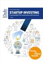 „STARTUP INVESTING“ mit Illustrationen: Hand lässt Münze in Glühbirne fallen, Symbole für Erfolg und Investitionen.