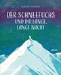 „Der Schneefuchs und die lange, lange Nacht“ und „Marieke ten Berge“. Ein Fuchs auf schneebedecktem Berggipfel unter Sternenhimmel.