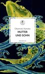 Text: "Okamoto Kanoko, Mutter und Sohn, Manesse." Illustration: Goldener Fisch im blauen Wasser, stilisierte Wellen.