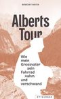 "Alberts Tour: Wie mein Grossvater sein Fahrrad nahm und verschwand." Illustration mit Bergen im Hintergrund.