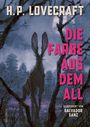 "Die Farbe aus dem All" in rosa, H.P. Lovecraft oben. Illustration: Ein düsterer Wald mit einer silhouettenhaften Kreatur.