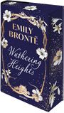 "Emily Brontë" und "Wuthering Heights" in Gold auf dunklem Hintergrund. Weiße Blumen und ein Gebäude als Verzierung.