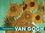 „10 Kunstpostkarten VAN GOGH“. Eine Illustration von Sonnenblumen mit grünem Hintergrund.