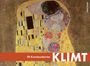 "10 Kunstpostkarten KLIMT" in weiß auf rotem Balken. Eine umarmende Paar-Illustration mit goldenen Mustern.