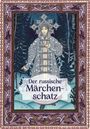 „Der russische Märchenschatz“. Eine Illustration zeigt eine in reich verzierter Tracht gekleidete Figur im Wald.