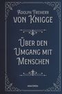 Text in eleganter Schrift: "Adolph Freiherr von Knigge: Über den Umgang mit Menschen". Dunkelblauer Hintergrund, dekorativer Rahmen.