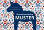 Text: „ANACONDA Kunstpostkarten“ und „Skandinavische Muster“. Dunkle Pferdesilhouette vor buntem, floralen Hintergrund.