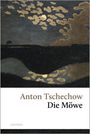 Titel „Anton Tschechow Die Möwe“. Eine nächtliche Landschaft mit Mond und Wolken.