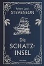 "Robert Louis Stevenson, Die Schatz-Insel, Anaconda." Stilvoller blauer Hintergrund mit Schiff und Seefahrtsmotiven.