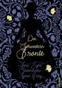„Die Schwestern Brontë, Jane Eyre, Sturmhöhe, Agnes Grey.“ Silhouette einer Frau vor floralem Muster.