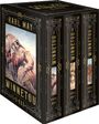 Text: "KARL MAY WINNETOU I-III." Buchbox mit Illustrationen von Reitern in einer Felslandschaft.