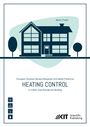 "Heating Control" steht im Mittelpunkt. Illustration eines Hauses mit zwei Bäumen daneben. Logos auf der linken Seite.