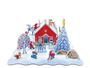Dies ist eine winterliche Illustration mit einem roten Haus, Schneemann, Weihnachtsbaum, Eichhörnchen und Figuren im Schnee.