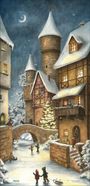 Illustration einer winterlichen Altstadt mit Adventskalenderzahlen. Schneebedeckte Häuser, Eislaufende Kinder, ein Weihnachtsbaum.