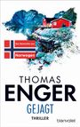 "Der Bestseller aus Norwegen", Thomas Enger, Gejagt, Thriller, rotes Haus vor Gebirgssee, norwegische Flagge.