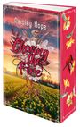 „Paisley Hope“, „Chasing The Fire“, „Roman“. Ein gerahmtes Cover mit Blumen, einem Sonnenuntergang und gelben Feldern.