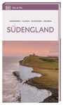 „Südengland“ und „Inspirieren / Planen / Entdecken / Erleben“. Küstenklippen im Vordergrund, Leuchtturm im Hintergrund.