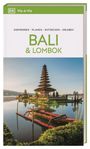 "BALI & LOMBOK" in großen grünen Buchstaben, darunter ein malerischer Tempel am Wasser bei Sonnenaufgang.