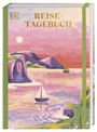 Text "REISE-TAGEBUCH". Illustration: Segelboote auf einem rosafarbenen Meer, Berge und Sonnenuntergang im Hintergrund.