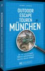"Outdoor Escape Touren München" in großen Buchstaben, blauer Hintergrund mit Labyrinthmuster, Lupe zeigt Drachenmotiv.