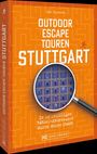Text: "Ute Friesen, OUTDOOR ESCAPE TOUREN STUTTGART, In 10 kniffligen Rätsel-Abenteuern durch deine Stadt, BRUCKMANN". 

Das Cover ist orange mit einem Labyrinthmuster und einer Lupe, die ein Gebäude vergrößert zeigt.