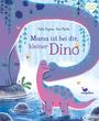 Text: „Mama ist bei dir, kleiner Dino“. Zwei liebevolle Dinosaurier umarmen sich in einer bunten, fröhlichen Wasserlandschaft. 