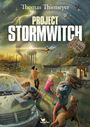 „Thomas Thiemeyer, Project Stormwitch“. Stürmische Szene mit Kindern, Tornado, Dronen und Route 66-Schild.
