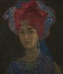 Ein Gemälde zeigt eine Frau mit einem roten Turban, reich verziert mit Mustern und Schmuck, vor einem dunklen Hintergrund.
