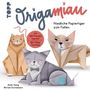 "Origamiau - Niedliche Papiertiger zum Falten" und "Für 30+ Katzenfiguren! Mit Video-Tutorials!". Drei Origami-Katzen.