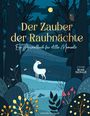 "Der Zauber der Rauhnächte: Ein Ausmalbuch für stille Momente." Illustration: Wald bei Nacht mit Hirsch und Eule.