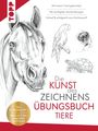 "Die Kunst des Zeichnens Übungsbuch Tiere" Text mit Pferd, Papagei, Schildkröte, Hundeschnauze. Topp-Logo in Rot.