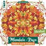 "Mila Dierksen", "Herbst", "Mandala-Reise", "Malen nach Zahlen". Buntes Mandala aus Blättern und herbstlichen Farben.