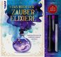 "Das Buch der Zauberelixiere" ist in goldener Schrift auf einem magischen Hintergrund. Ein Zauberstab und Reagenzglas sind dabei.