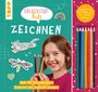 "Kreativstart Kids Zeichnen", "über 40 Zeichenideen Schritt für Schritt erklärt", "6 Buntstifte und 1 Bleistift zum Sofort-Loslegen". Illustration mit Katze, Libelle und Mädchen, das Buntstifte hält.