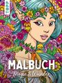 Text: "MALBUCH Magie & Wunder". Illustration eines Elfens mit blauen Haaren, Blumen und einem Vogel.