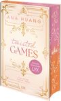 "ANA HUANG Twisted Games, ENGLISH EDITION BY LYX. Elegantes, verschnörkeltes Design in Gold auf pastellfarbenem Hintergrund."