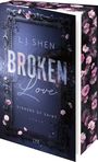„BROKEN Love“ von L.J. Shen, Sinners of Saint, Roman. Dunkles, verziertes Cover mit rosa Blüten und floralem Muster.