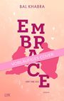 "VORLÄUFIGES COVER" auf rosa Banner, darunter "EMBRACE", zwei Silhouetten auf peachfarbenem Hintergrund.